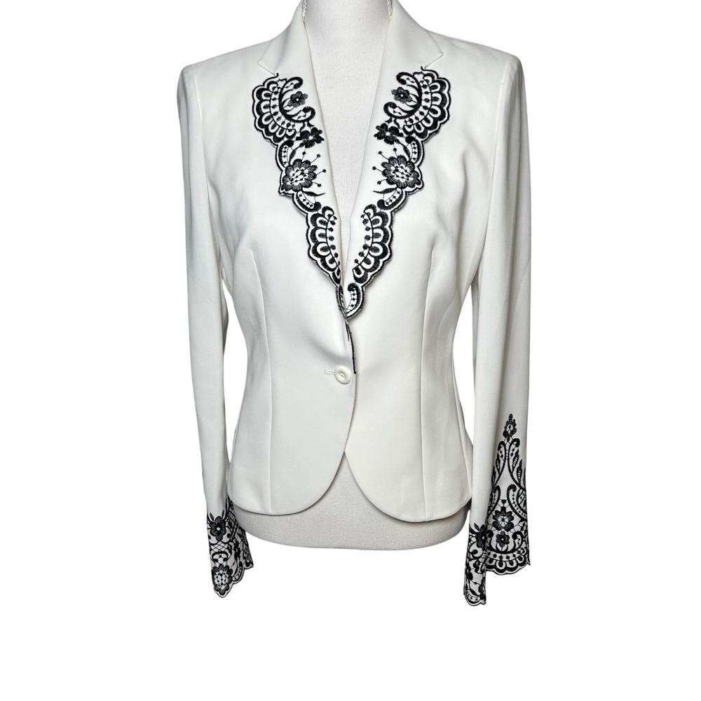 Cache Vintage Women Blazer White Black Lace Embroidered Single Button Size 6